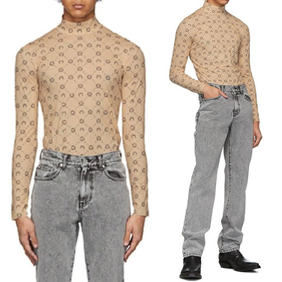 MARINE SERRE Crescent Second Skin Printed Long Sleeve Turtleneck In Tan Size XL - Picture 1 of 11